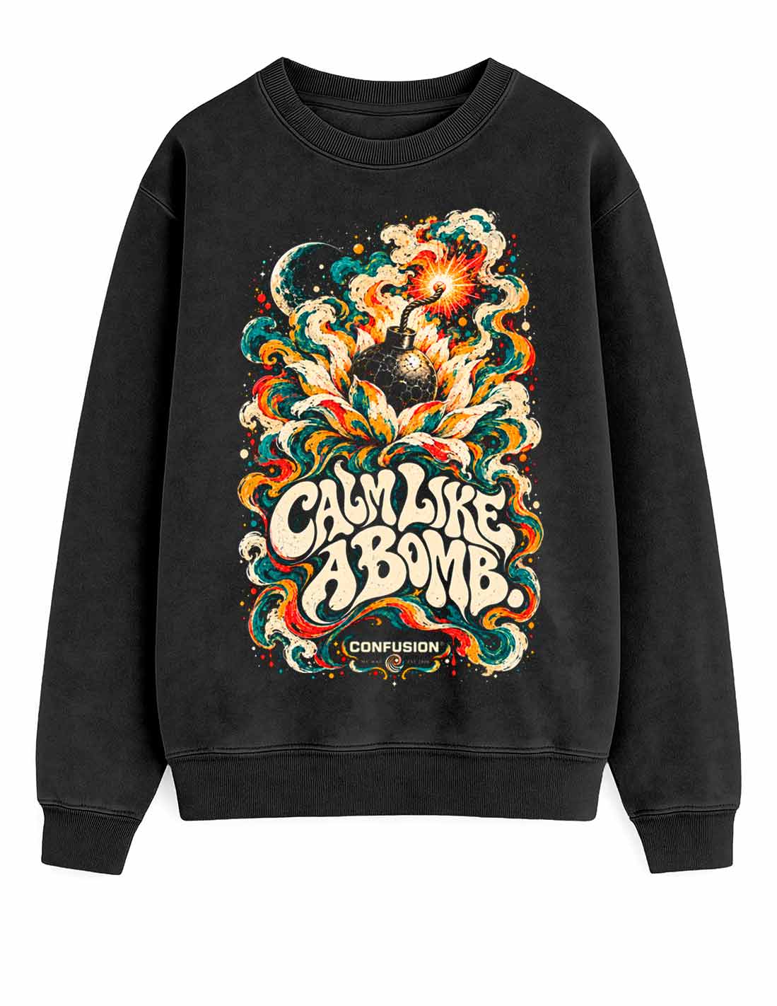 CALM LIKE A BOMB BLACK CREWNECK OVERSIZE LAVADO A LA PIEDRA