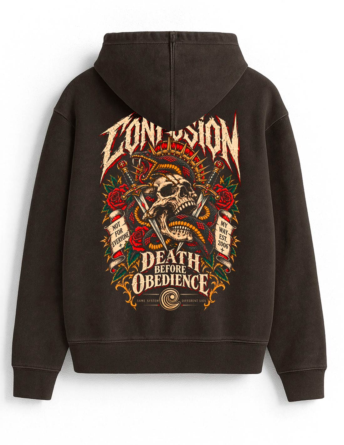 DEATH BEFORE OBEDIENCE BLACK COFFEE HOODIE OVERSIZE LAVADO PIEDRA