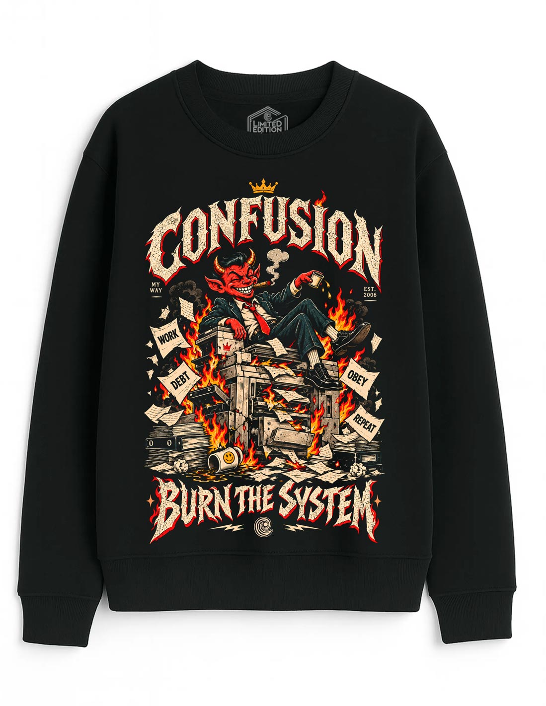 BURN THE SYSTEM BLACK CREWNECK