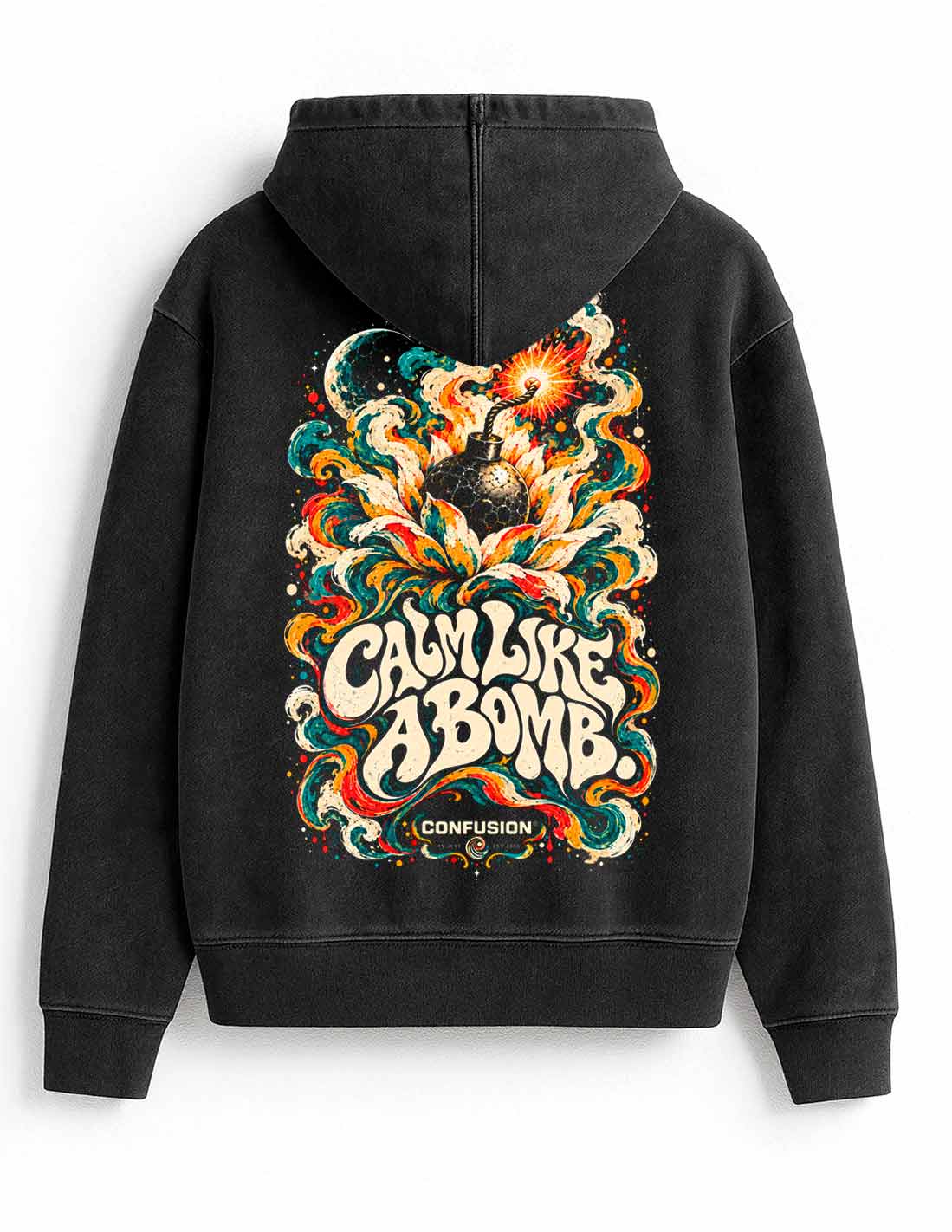 CALM LIKE A BOMB BLACK HOODIE OVERSIZE LAVADO PIEDRA