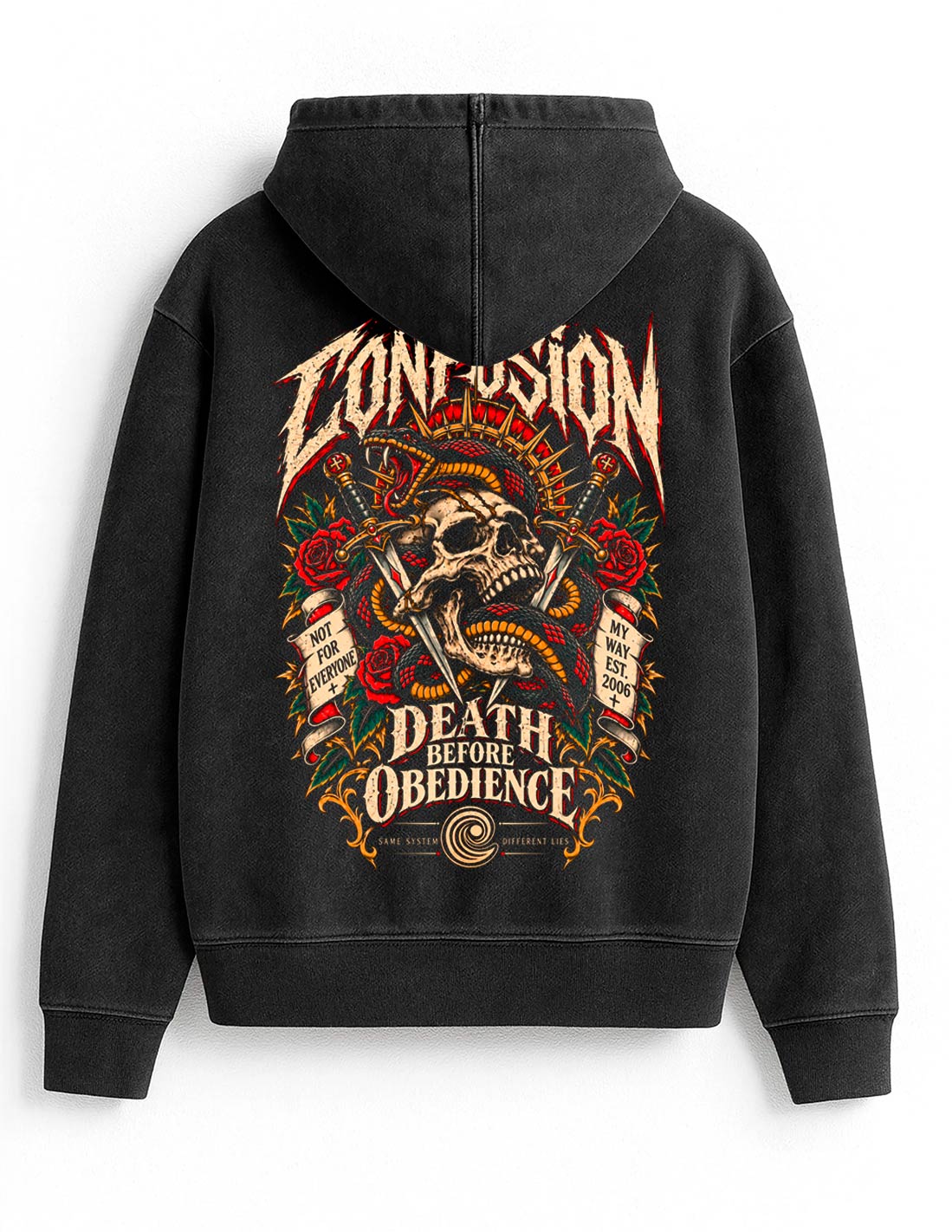 DEATH BEFORE OBEDIENCE BLACK HOODIE OVERSIZE LAVADO PIEDRA