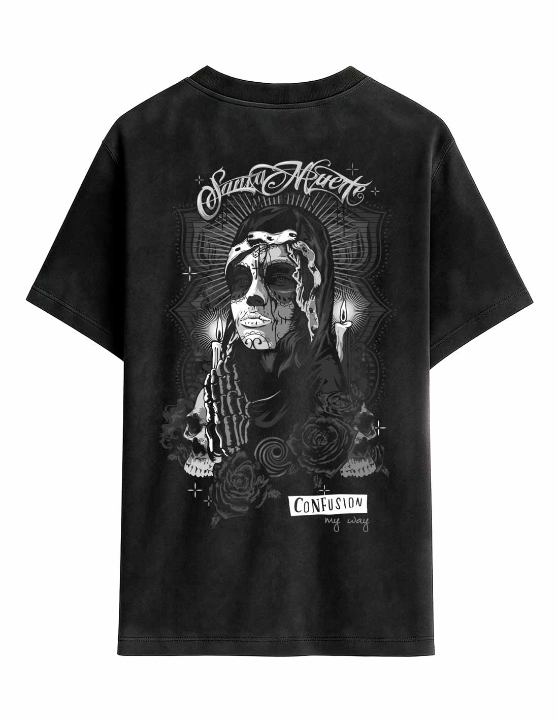 SANTA MUERTE BLACK TEE OVERSIZE LAVADO A LA PIEDRA