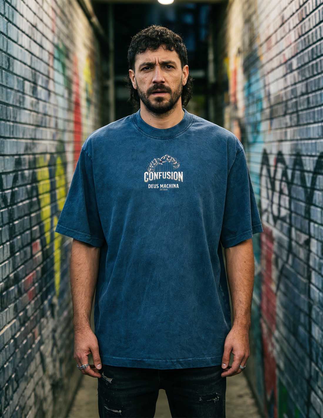 DEUS MACHINA INDIGO BLUE TEE OVERSIZE HARD PATTERN