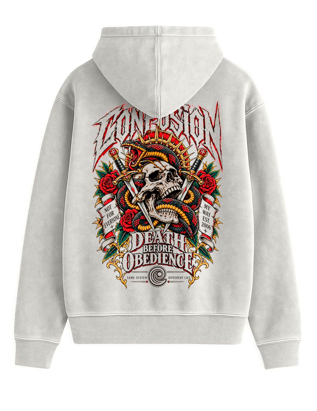 DEATH BEFORE OBEDIENCE GREY VIOLET HOODIE OVERSIZE LAVADO PIEDRA