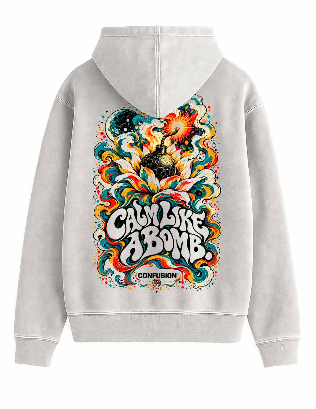 CALM LIKE A BOMB GREY VIOLET HOODIE OVERSIZE LAVADO PIEDRA