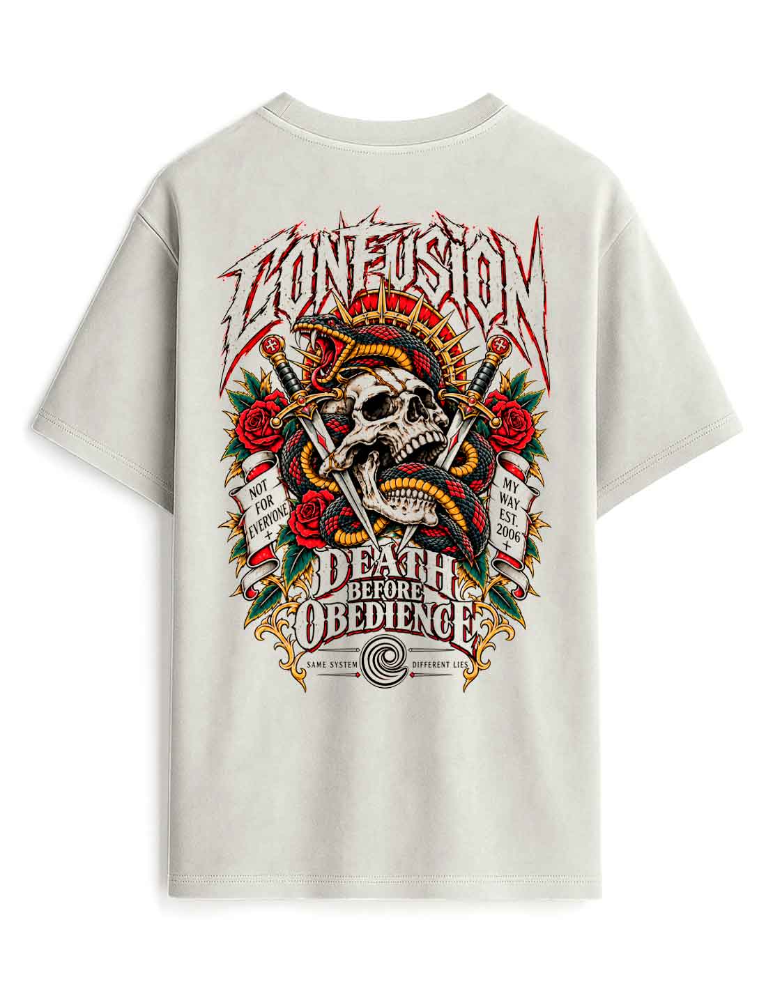 DEATH BEFORE OBEDIENCE GREY VIOLET TEE OVERSIZE LAVADO A LA PIEDRA