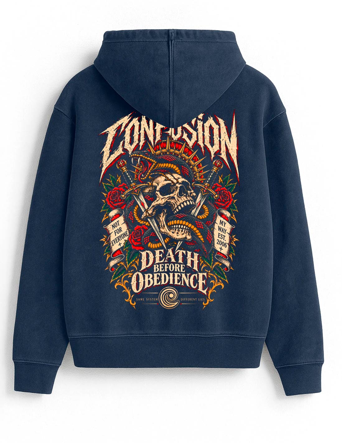 DEATH BEFORE OBEDIENCE MARITIME BLUE HOODIE OVERSIZE LAVADO PIEDRA