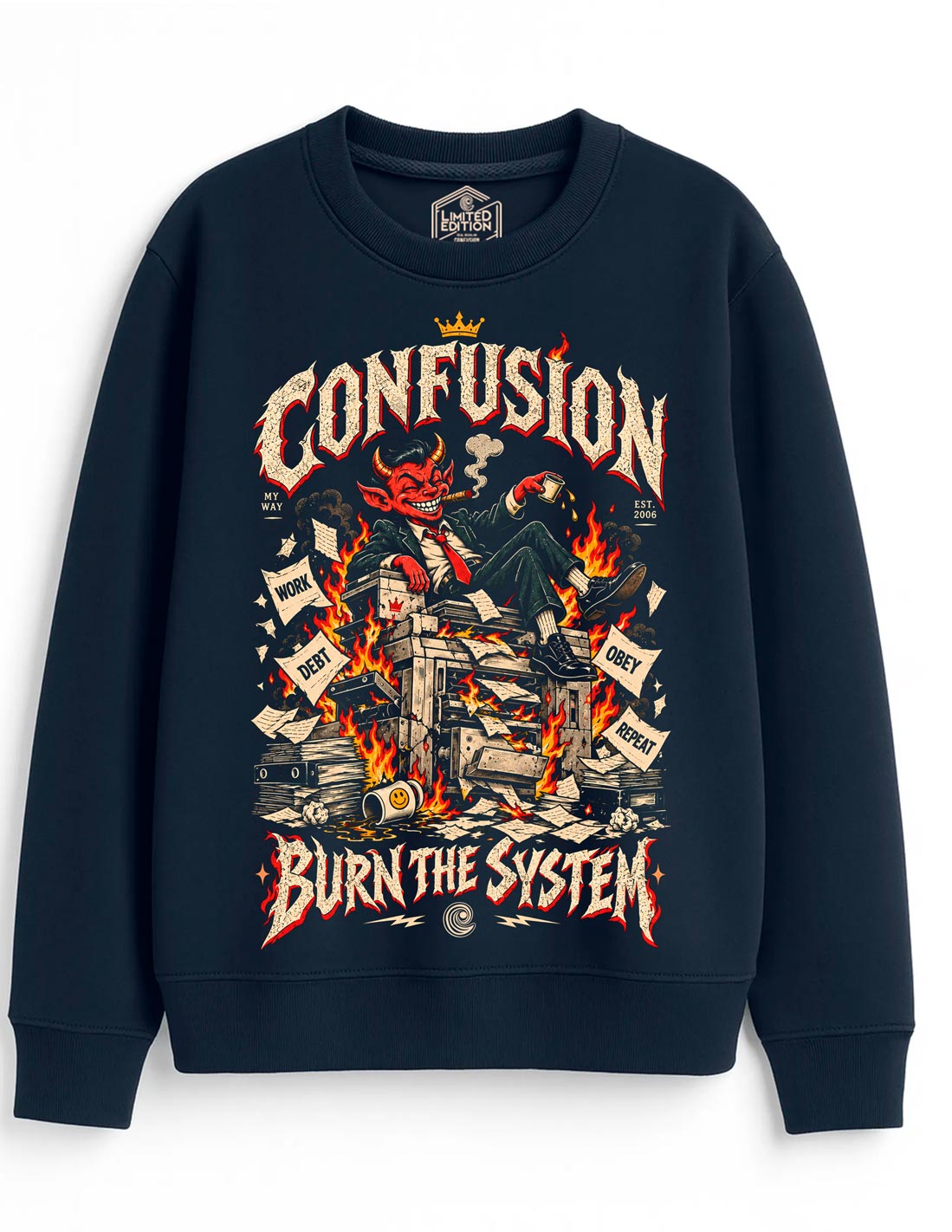 BURN THE SYSTEM MARITIME BLUE CREWNECK