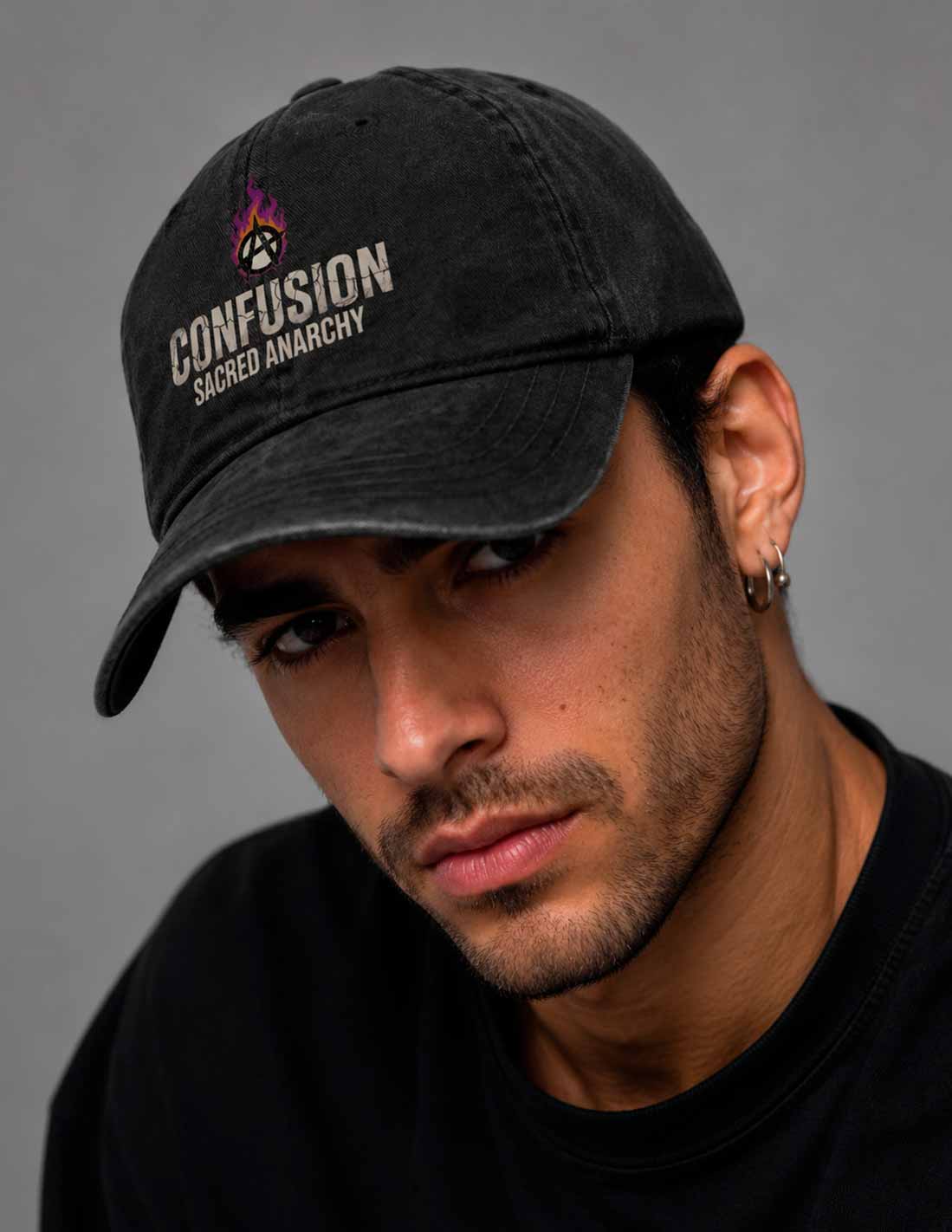CONFUSION BLACK CAP STRAPBACK STONE WASHED