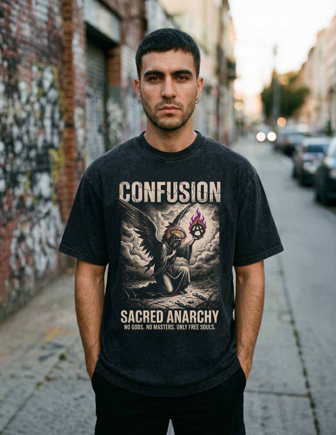 SACRED ANARCHY CARBON BLACK TEE OVERSIZE HARD PATTERN